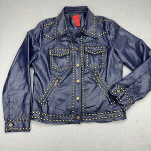 V‎ Cristina Jacket Women's Large Polyurethane Blue Gold Studded 80s Moto